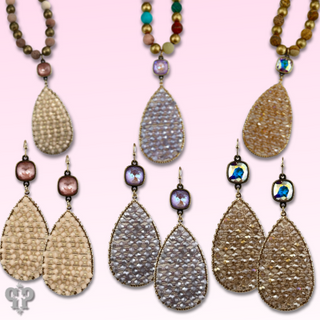 Woven bead pendant on stone bead necklace with Austrian crystal