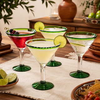 Hand Blown Green Detailed Margarita Glasses Set Of 4 By Luxury Mexican Glassware Thi
