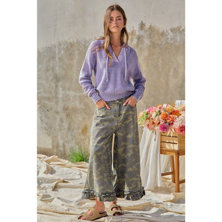 CAMOUFLAGE DENIM RUFFLED HEM MID RISE BLOOMER PANTS