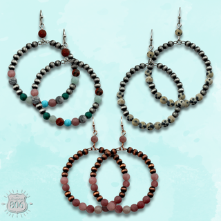 Burnished bead and stone circle earring - LC