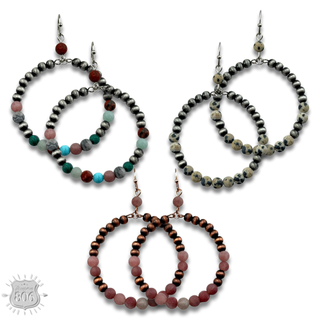 Burnished bead and stone circle earring - LC
