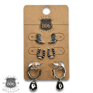Western silver charm and post earring set - LC
