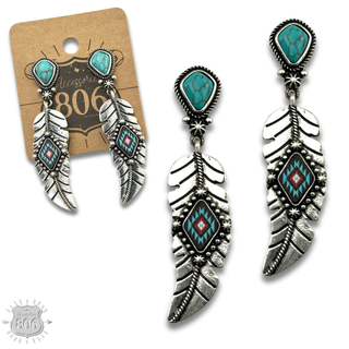 Silver feather on stone post earring - LC
