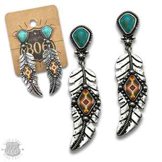 Silver feather on stone post earring - LC