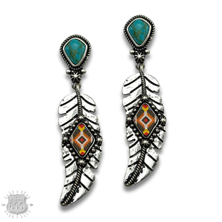 Silver feather on stone post earring - LC