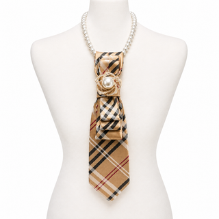 Custom Necktie Necklace-Khaki/Red Plaid w Pearl Brooch