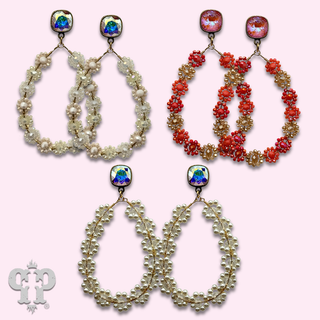 Bead woven flower teardrop earring, Austrian crystal - LC