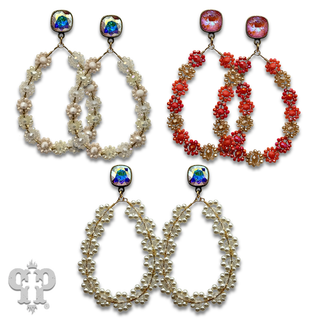 Bead woven flower teardrop earring, Austrian crystal - LC