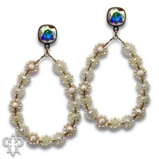 Bead woven flower teardrop earring, Austrian crystal - LC
