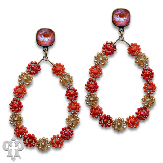 Bead woven flower teardrop earring, Austrian crystal - LC