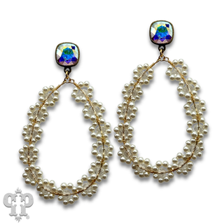 Bead woven flower teardrop earring, Austrian crystal - LC