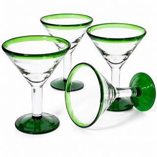 Hand Blown Green Detailed Margarita Glasses Set Of 4 By Luxury Mexican Glassware Thi