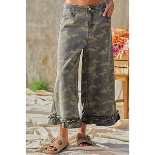 CAMOUFLAGE DENIM RUFFLED HEM MID RISE BLOOMER PANTS