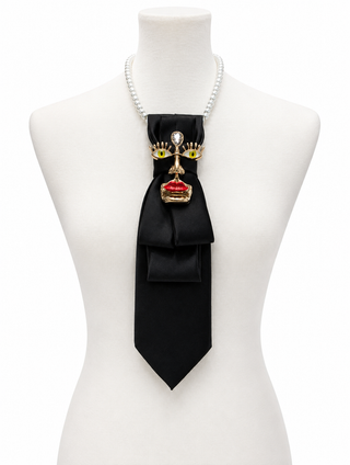 Custom Necktie Necklace-Black Satin w Designer Face Brooch