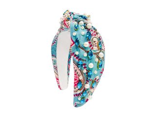 Spring Floral Print Headband - Blue Rhinestone Pink Paisley