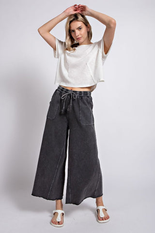 Black Mineral Washed Terry Wide Leg Pants
