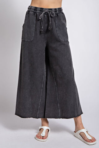 Black Mineral Washed Terry Wide Leg Pants