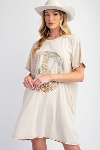 Ecru Short Sleeve Peace Patch Cotton Dress - Boutique Bella BellaDress