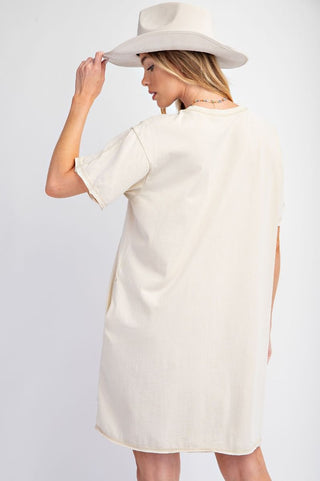 Ecru Short Sleeve Peace Patch Cotton Dress - Boutique Bella BellaDress