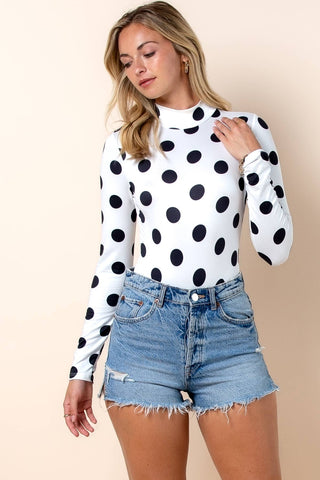 Black & White Polka Dot Print Mock Neck Bodysuit