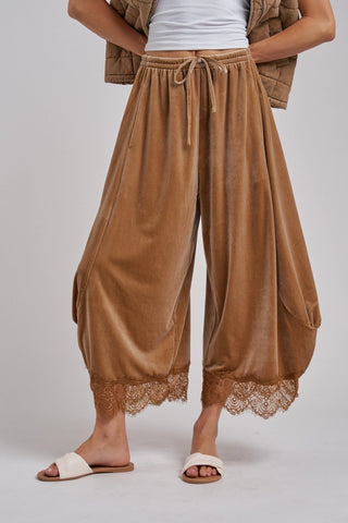 Velvet Lace Hem Balloon Pants - Taupe
