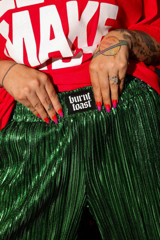 Electric Current Green Metallic Plissé Pants - Boutique Bella BellaPants