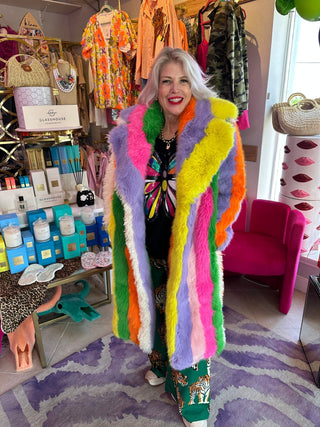 Electric Sherbert Stripes Faux Fur Maxi Coat - Boutique Bella BellaCoat