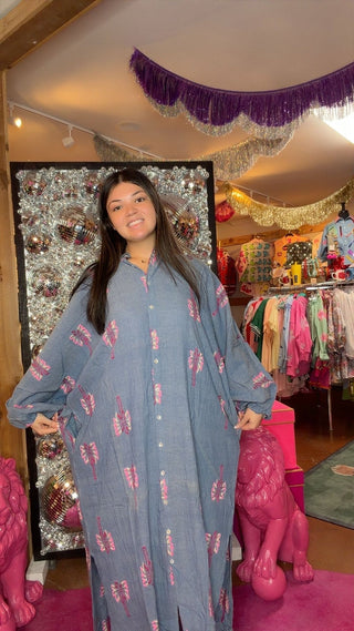Embroidered Palm Tree Nepal Button Dress - Boutique Bella BellaDress