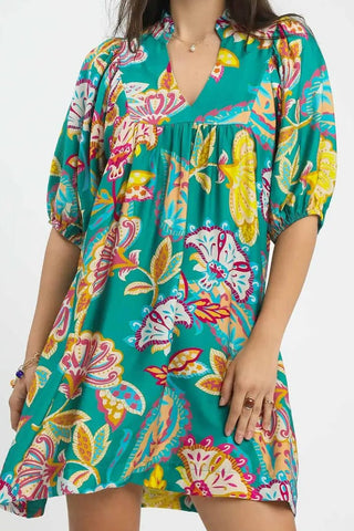 Emerald Mix Abstract Print Puff Sleeve Babydoll Dress - Boutique Bella BellaDRESS