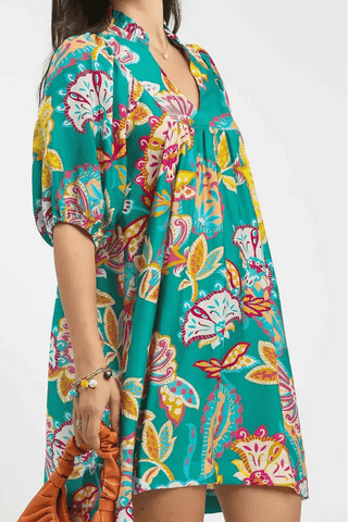 Emerald Mix Abstract Print Puff Sleeve Babydoll Dress - Boutique Bella BellaDRESS