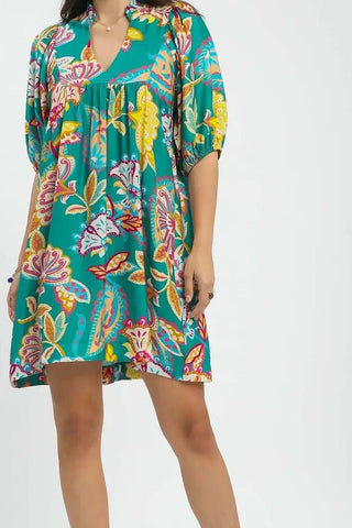 Emerald Mix Abstract Print Puff Sleeve Babydoll Dress - Boutique Bella BellaDRESS