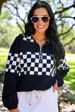 End Zone Checkered Pullover - Black - Boutique Bella BellaSweatshirt