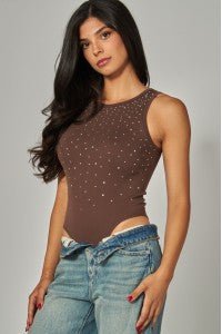 Espresso Rhinestone Seamless Bodysuit - Boutique Bella BellaBodysuit