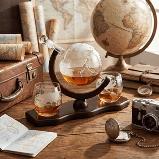 Etched World Decanter Whiskey Globe Antique Airplane 850ML Whiskey Stones And 2 Worl - Boutique Bella Bella