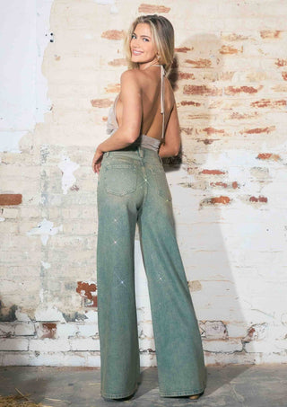 Faded Wide Leg Jeans With Rhinestone - Boutique Bella BellaJeans
