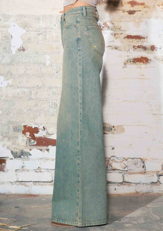 Faded Wide Leg Jeans With Rhinestone - Boutique Bella BellaJeans