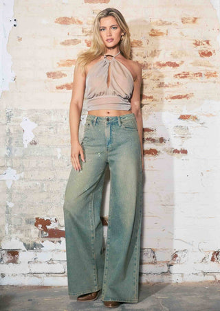 Faded Wide Leg Jeans With Rhinestone - Boutique Bella BellaJeans