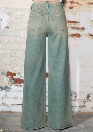 Faded Wide Leg Jeans With Rhinestone - Boutique Bella BellaJeans