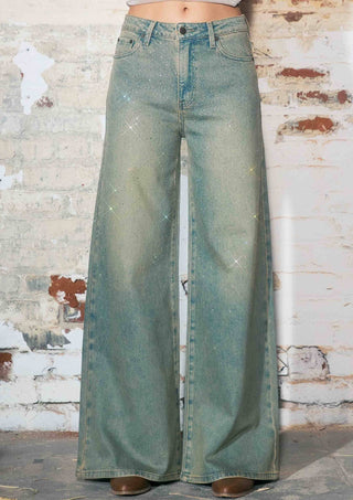 Faded Wide Leg Jeans With Rhinestone - Boutique Bella BellaJeans