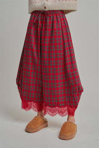 Tartan Tidings Lace Barrel Pants - Red
