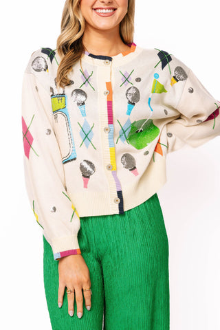 QOS Multi Argyle Golf Icon Rainbow Trim Button Up Cardigan
