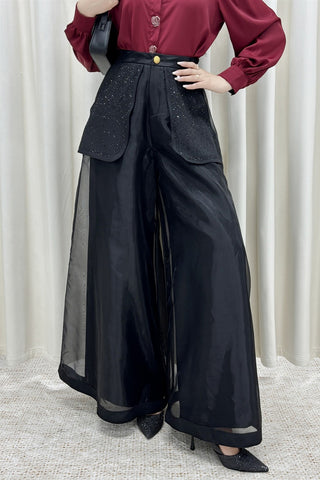 Organza Wide Leg Pants W/Embellished Pockets - Black