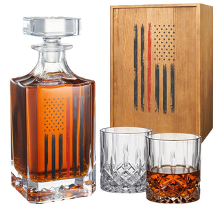 Firefighter Tactical Red Tattered American Flag Whiskey Decanter Gift Set 730ML Decanter 2 Whiskey G - Boutique Bella Bella