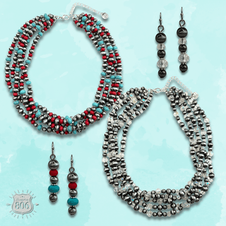 Five strand burnished pearl necklace set - Boutique Bella BellaJewelry Set