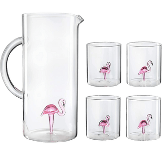 Flamingo Pitcher 4 Glasses Set Decanter With 4 Pink Flamingo Glasses 9OZ By Elegant - Boutique Bella Bella