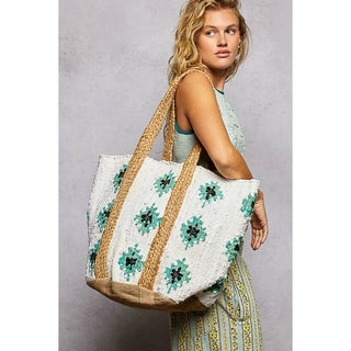 Floral Cotton Weave Tote Bag - Boutique Bella BellaHandbag