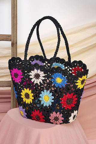 Floral Crochet Shoulder Black Purse - Boutique Bella BellaPurses