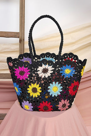 Floral Crochet Shoulder Black Purse - Boutique Bella BellaPurses