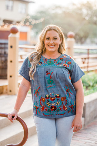 Floral Embroidered Denim Top - Boutique Bella Bella