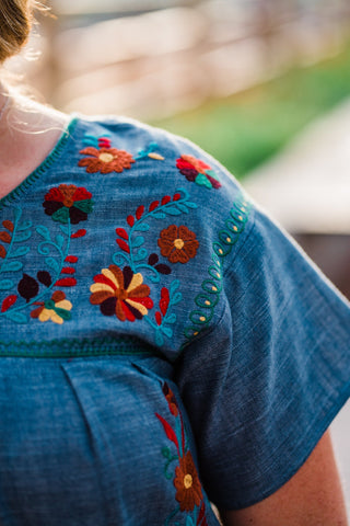 Floral Embroidered Denim Top - Boutique Bella Bella